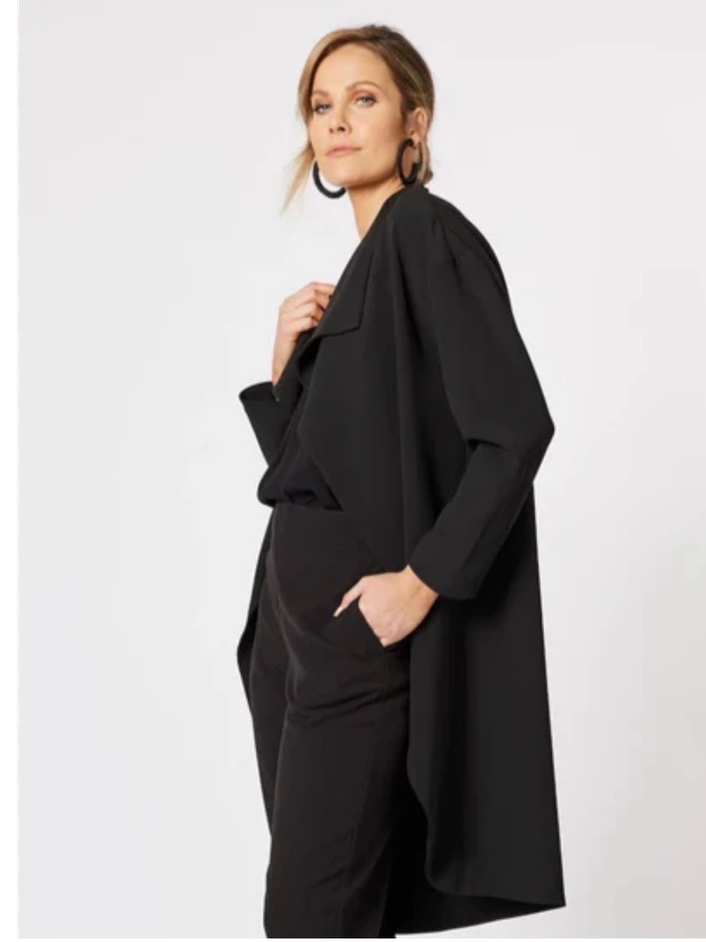 🧥PETER O. MAHLER Chic Black Open Front Long Coat, EUSz 2 US Medium